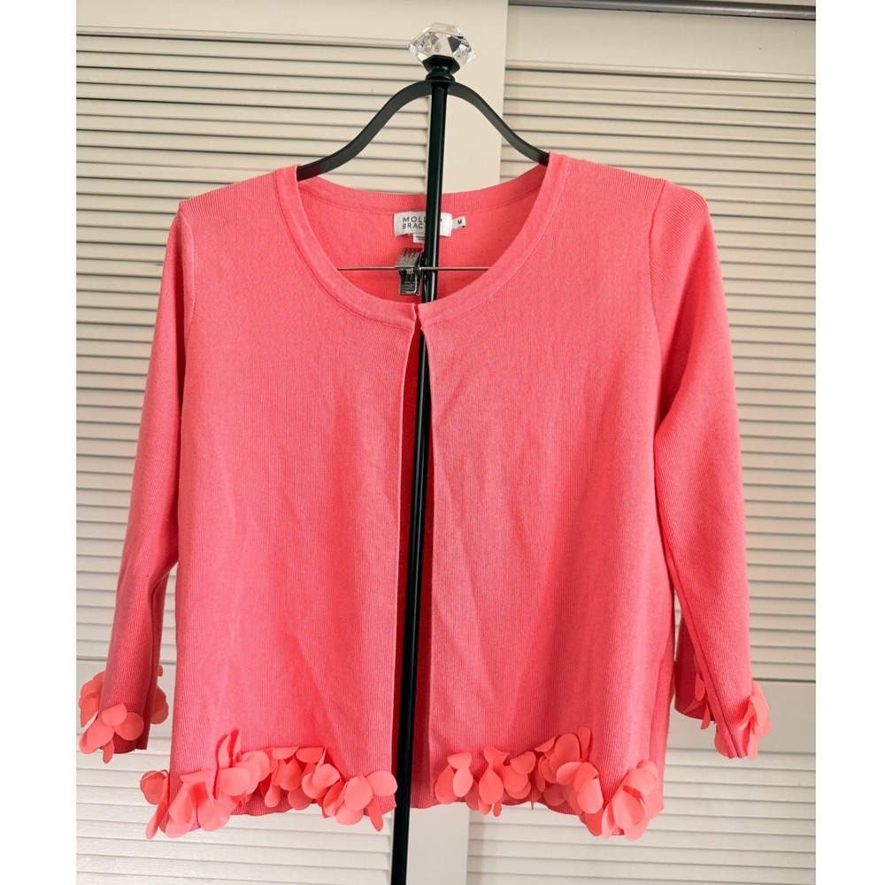 Molly Bracken Coral Pink Floral Applique Open Front Cardigan